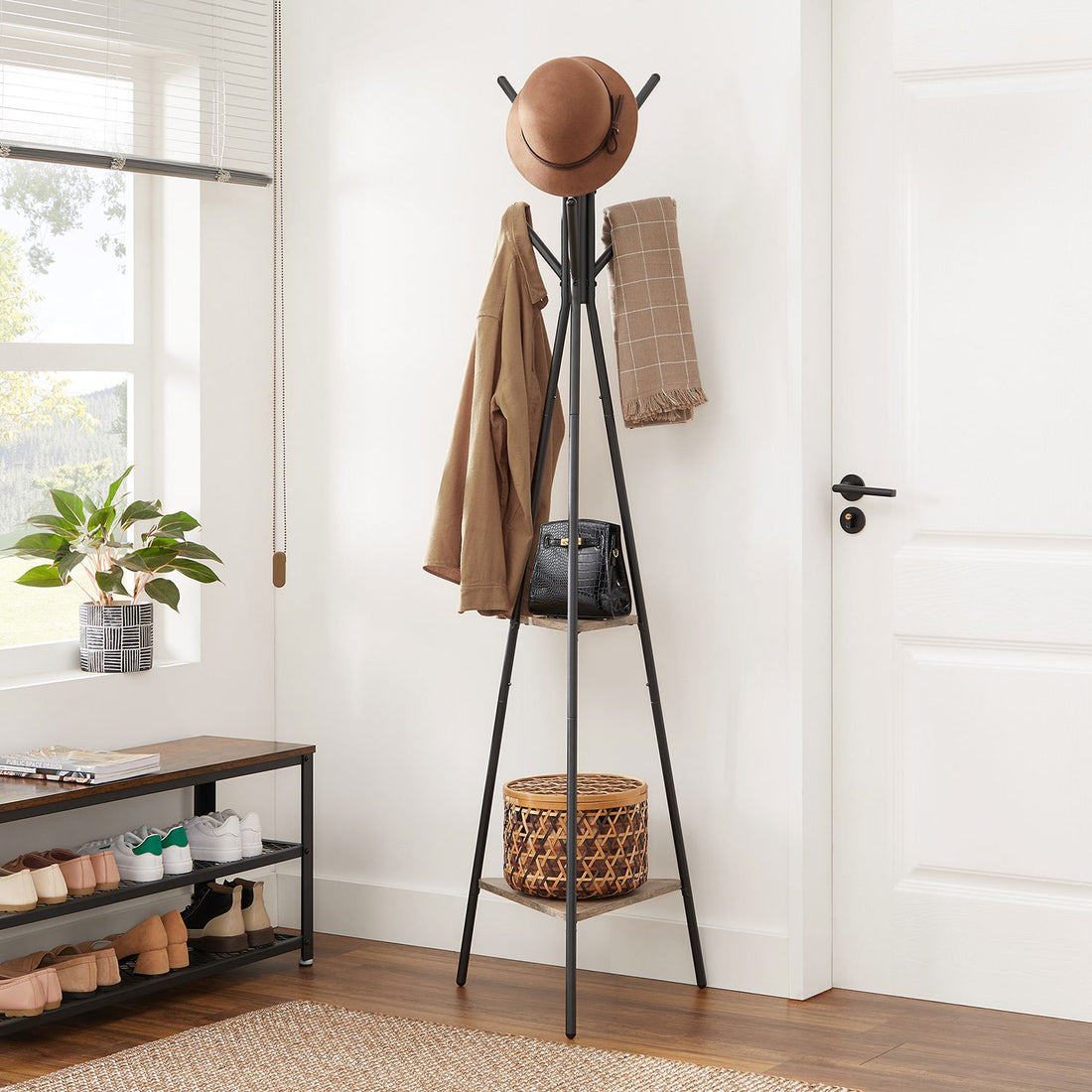 Baumförmige Garderobe - Kleiderständer - Spanplatte & Stahl - 49,5 x 49,5 x 179 cm - Greige Schwarz