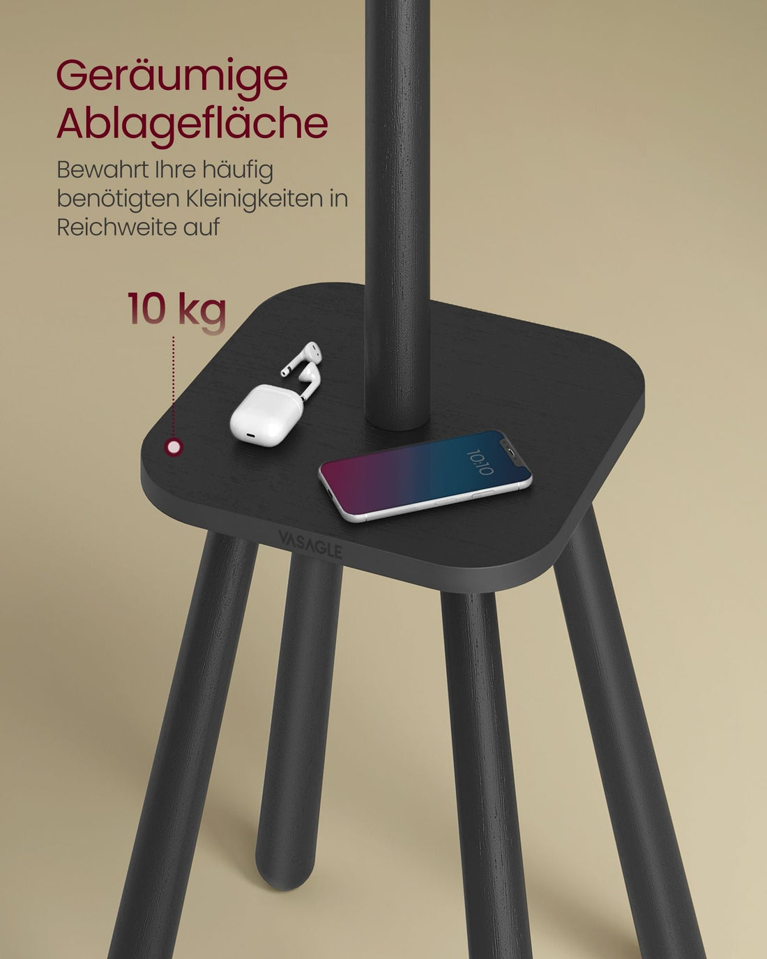 Garderobenständer mit 8 Haken und Ablagefläche - Kautschukholz/MDF - 34,7 x 34,7 x 170,5 cm - Schwarz
