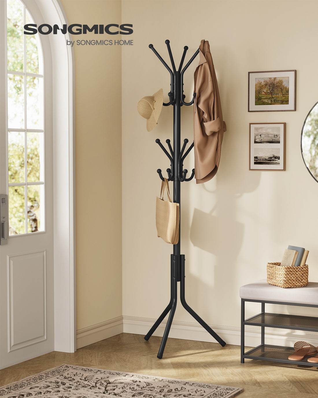 Metalen kledingrek met haken voor kleding en accessoires | Inktzwart | 43x48x175 cm