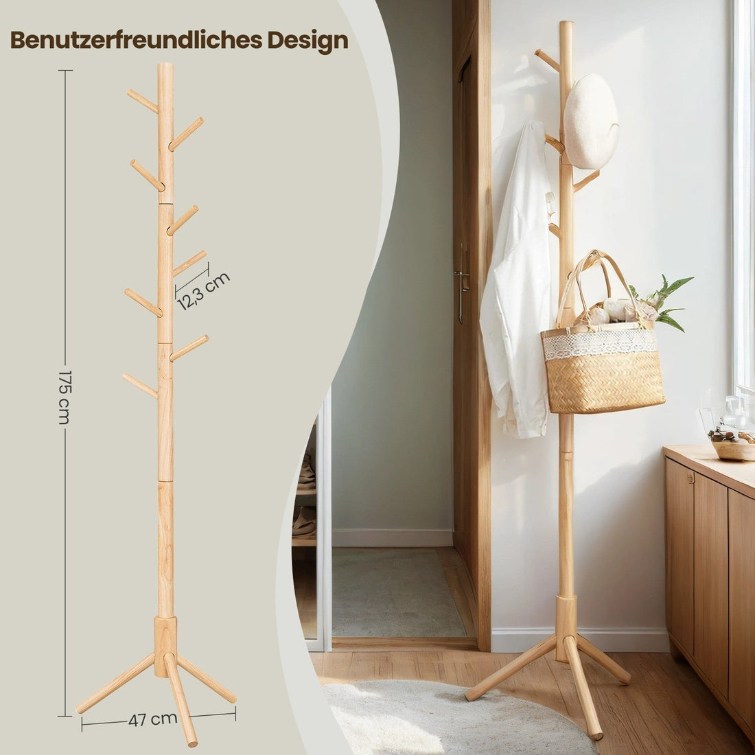 Freistehende Garderobe aus Massivholz - Baumform - stabil - 47x47x175 cm