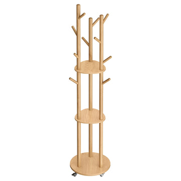 Garderobestandaard met 11 haken en 3 planken, 4 zwenkwielen | Naturel | 40x40x175 cm
