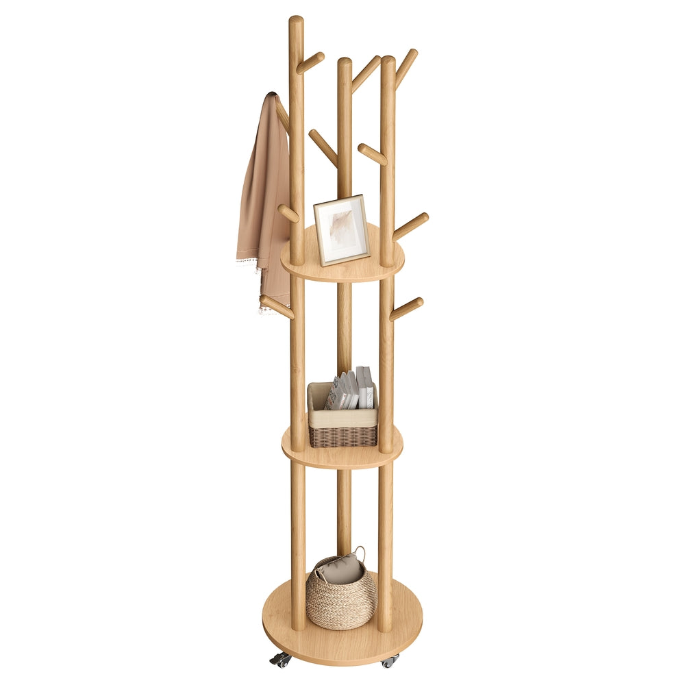 Garderobestandaard met 11 haken en 3 planken, 4 zwenkwielen | Naturel | 40x40x175 cm