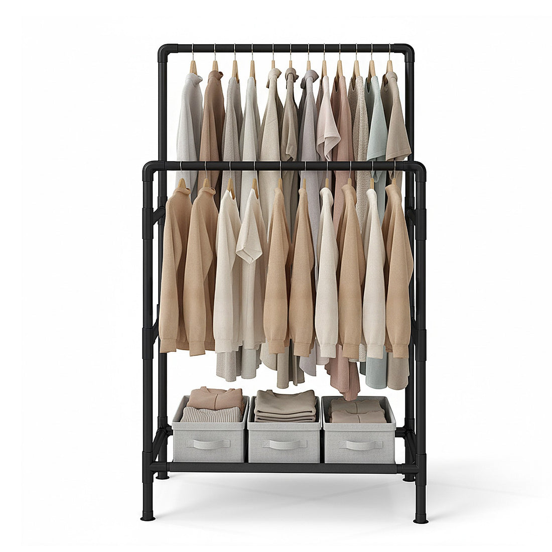 Metalen kledingrek met plank en twee stangen | Zwart | 83x45x157 cm