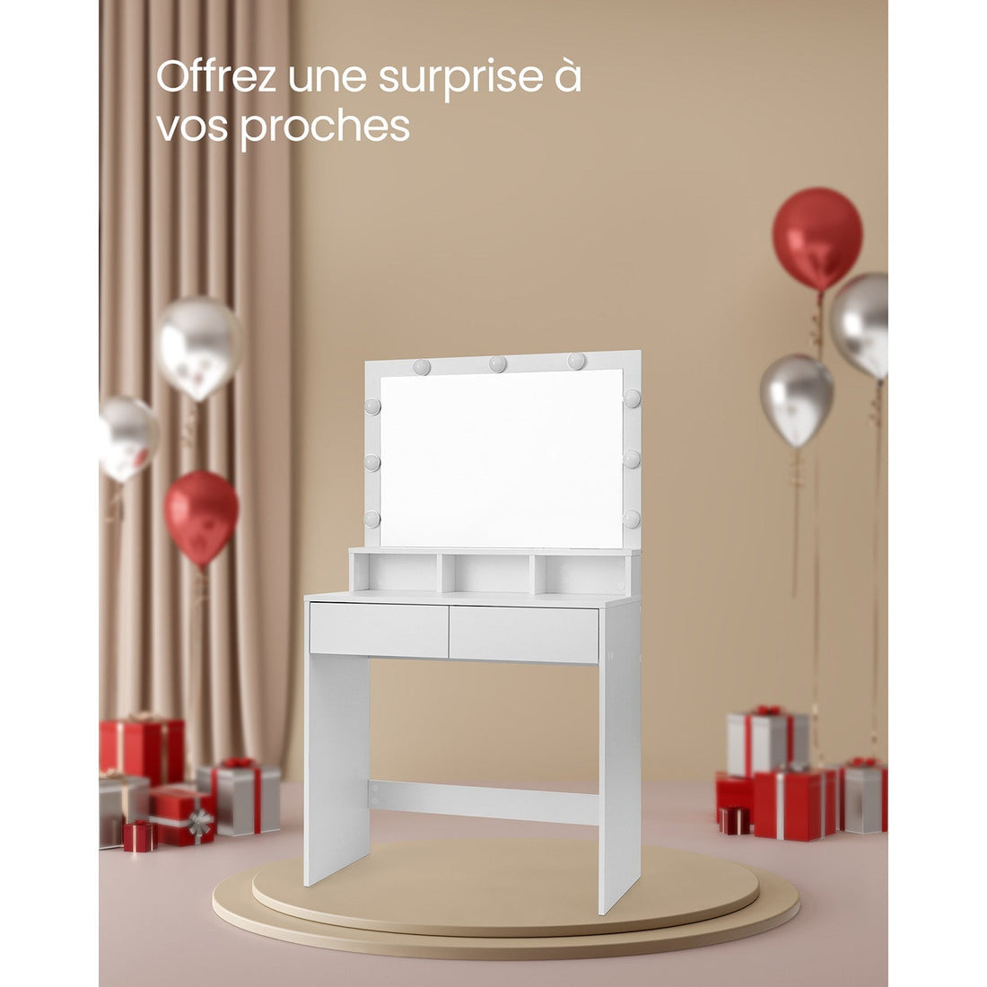 Weißer Schminktisch mit LED - Kosmetiktisch - Spanplatte - 80 x 40 x 140 cm