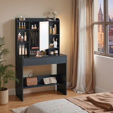 Make-uptafel met spiegel en ledverlichting, 3 lichtkleuren | Zwart | 90x40x144,7 cm