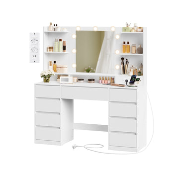 Make-uptafel met spiegel, ledverlichting en opbergkasten | Wolkenwit | 107x40x144 cm
