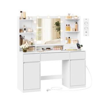 Make-uptafel met spiegel en ledverlichting | Wolkenwit | 107x40x144 cm