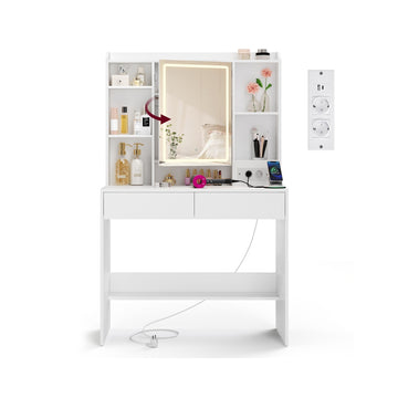 Make-uptafel met dimbare LED-spiegel en 2 laden | Wit | 90x40x145 cm