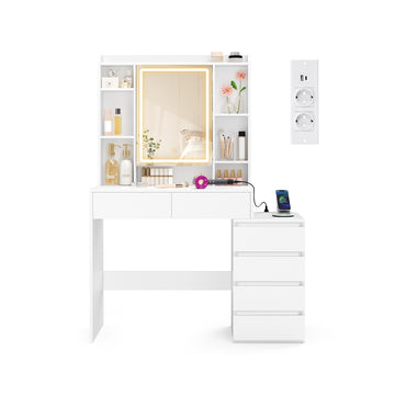 Schminktafel met ledspiegel en stekkerdoos | Wolkenwit | 105x40x145 cm
