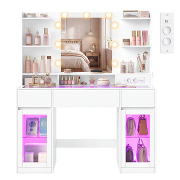 Kaptafel met spiegel, RGB-verlichting, stopcontact en 2 kasten | Mat wit | 107x40x144,5 cm