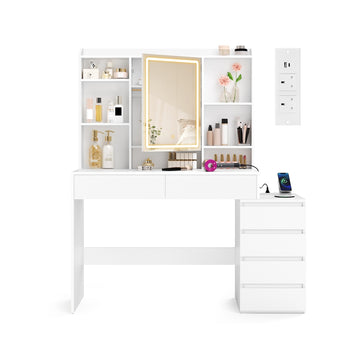 Kaptafel met ledspiegel en stekkerdoos | Wolkenwit | 124,7x40x145 cm