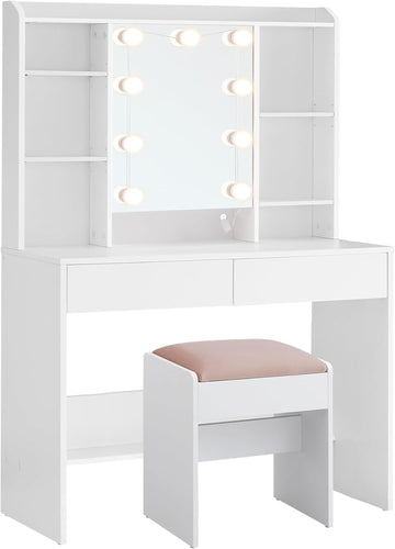 Kaptafel met verlichting, spiegel, kruk en 2 lades | Wolkenwit en pastelroze | 80x40x140 cm