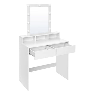 Make-uptafel met ledverlichting, spiegel, 2 laden en 3 open vakken | Wit | 80x40x145 cm
