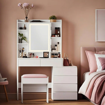 Make-uptafel met kruk, spiegel en ledverlichting | Wit | 98,3x40x145 cm