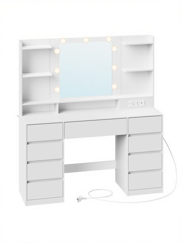 Make-uptafel met spiegel, verlichting en laadstation | Wit | 107x40x144 cm