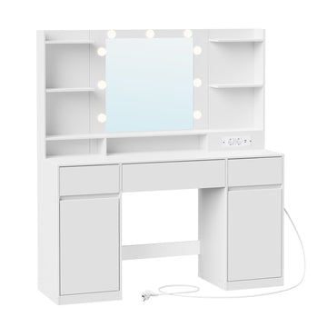 Schminktafel met spiegel, verlichting en laadstation | Wit | 107x40x144 cm