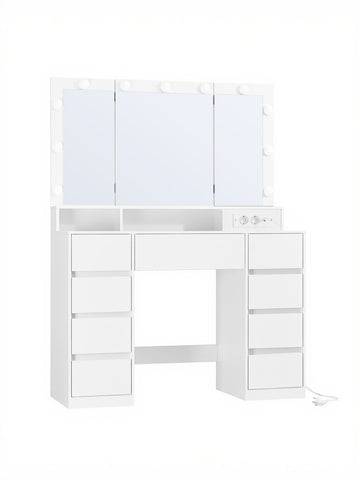 Kaptafel met ledverlichting, klapspiegel en laden | Wit | 107x40x144 cm