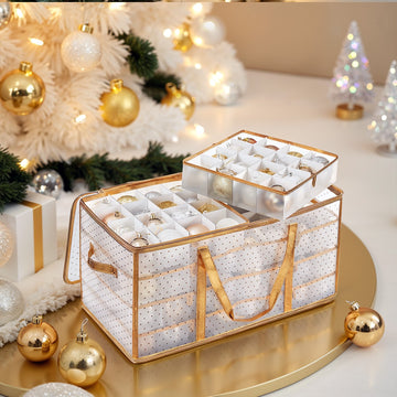 Kerstballen opbergbox met 128 vakken, 8 laden en deksel | Goud | 33,5x64,5x34 cm