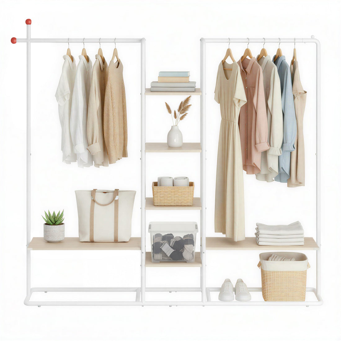 Open kledingrek met 6 planken, 2 kledingstangen en haken | Beige-wit | 163,6x33,8x175,3 cm
