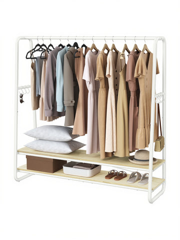 Kledingrek met 2 planken, stalen garderoberek met 6 S-haken | Beige-wit | 138x45x160 cm