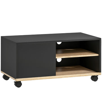 TV-meubel op wielen met kast en plank | Kleur: Zwart+Eiken | Afmetingen: 45x80x39 cm