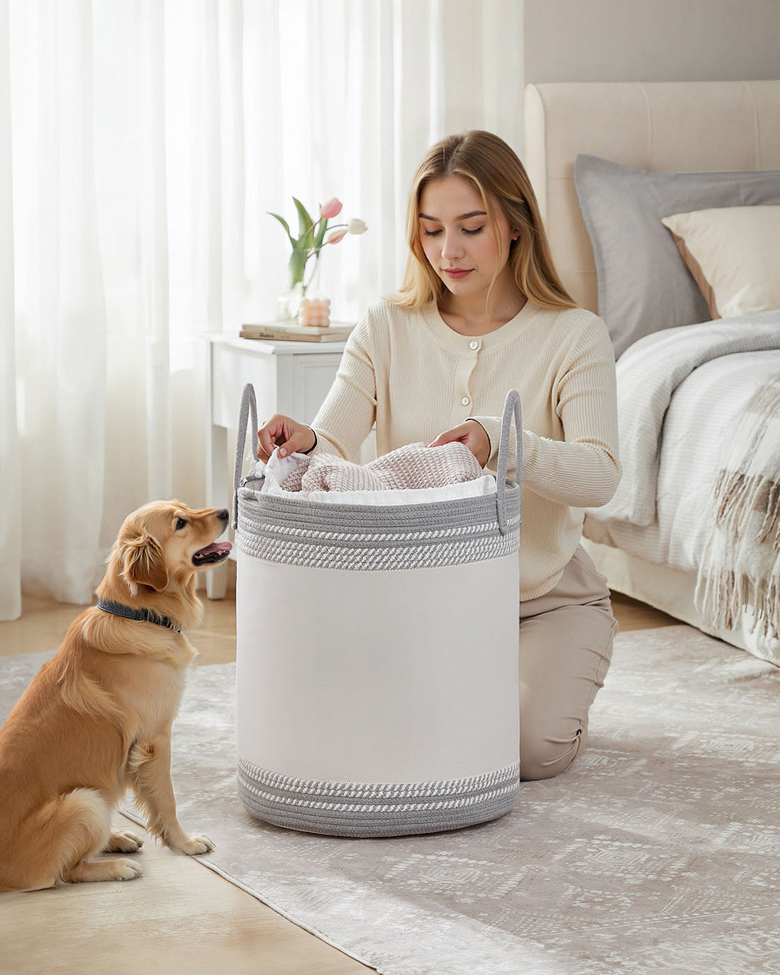Wasmand 60 l met deksel en handgreep - 41 x 41 x 46 cm - grijs