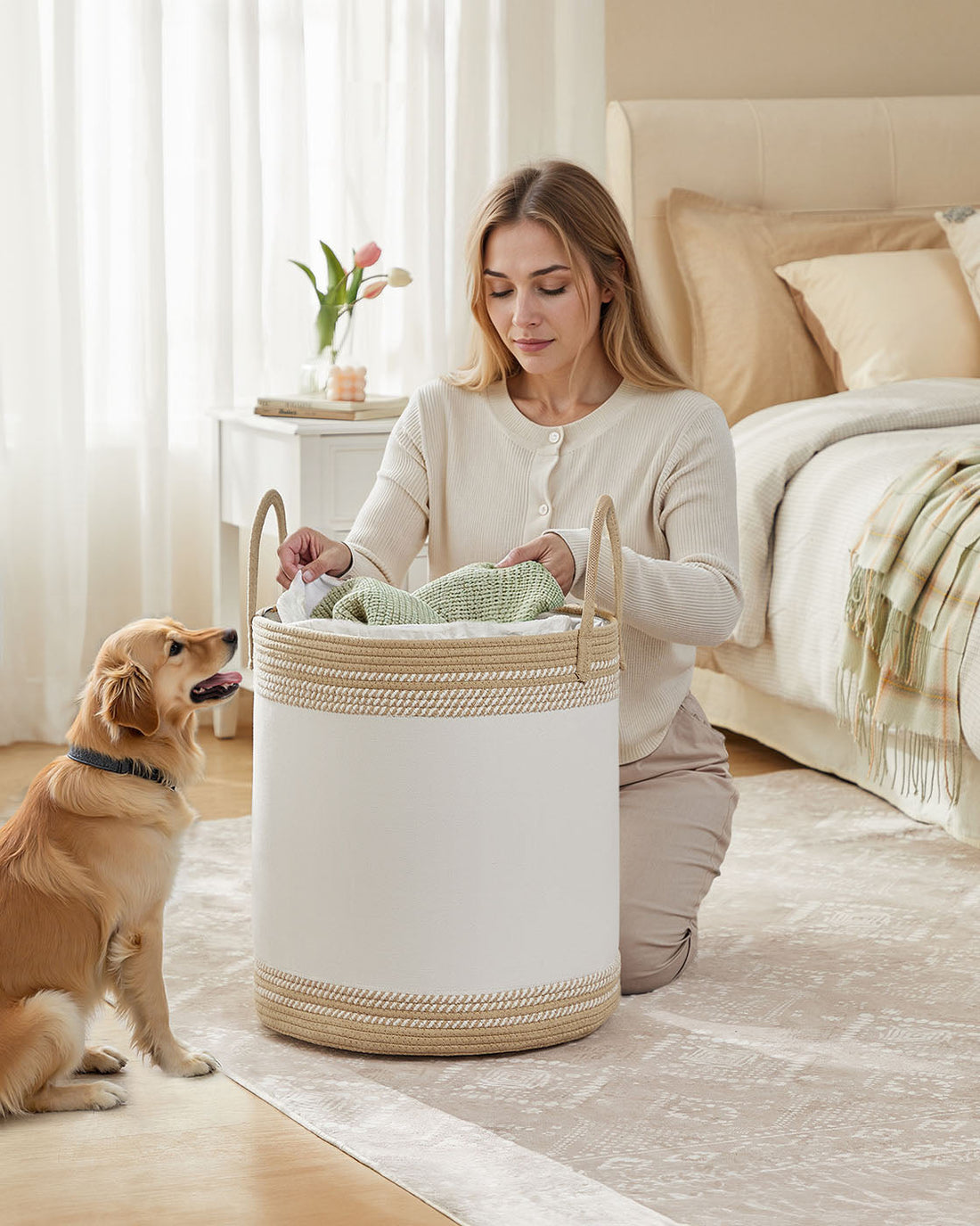 Waskorf 60L - Wasmand - Opbergmand - Wit en Bruin - 41x41x46 cm
