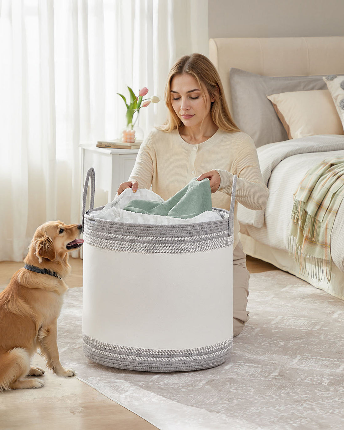 Wasmand met deksel en handgrepen, 90L, 15 kg, 50x50x46 cm, grijs