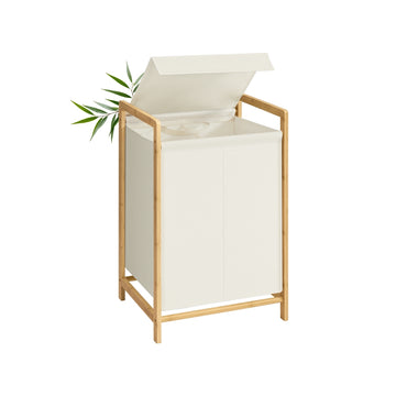 Wasmand met bamboeframe en twee vakken | Cremewit | 40x45x78 cm