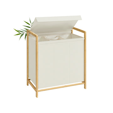 Wasmand met bamboeframe en twee vakken | Crèmewit | 40x65x78 cm
