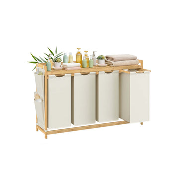 Wasmand met 4 vakken, 200 l, bamboe, wit – 124,6 x 33 x 78 cm