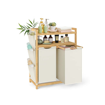 Wasmand met planken - opberger - ruimtebesparend - bamboe en Oxfordstof - 63 x 33 x 98 cm