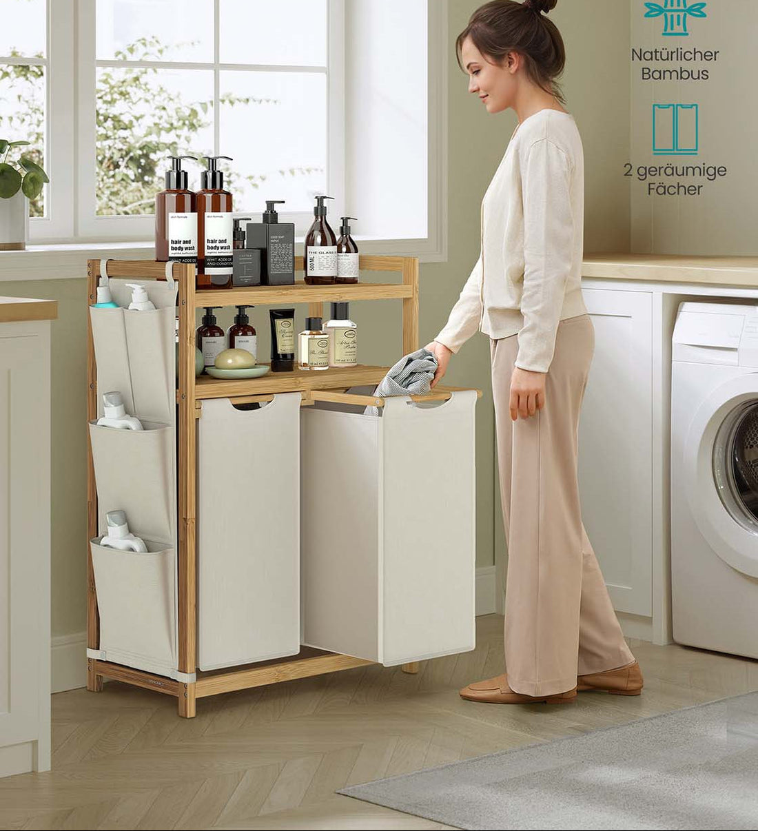 Wasmand met planken - opberger - ruimtebesparend - bamboe en Oxfordstof - 63 x 33 x 98 cm