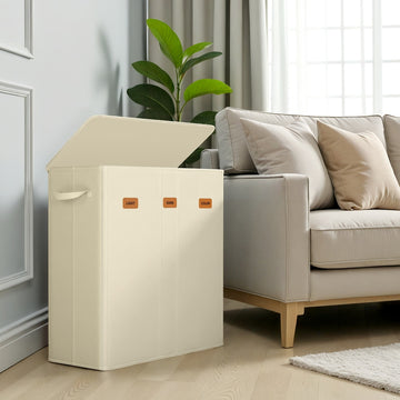 Wasmand met 3 vakken, 160 l en deksel | Wit | 33x64x75 cm