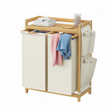 Wasmand 2 vakken van bamboe 150 l | Wit | 33x63,2x78 cm
