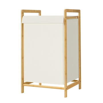 Wasmand met deksel, 2 vakken, bamboeframe en uitneembare waszak | Crème | 45x40x78 cm