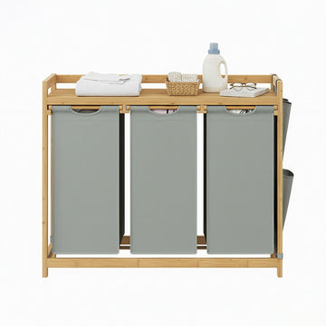 Wasmand met 3 vakken van bamboe 150 l | Grijs | 33,8x93,8x78 cm
