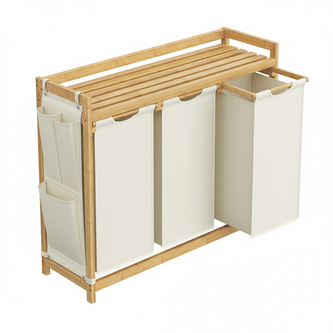 Tvättkorg med 3 fack av bambu 150 liter | Vit | 33,8x93,8x78 cm