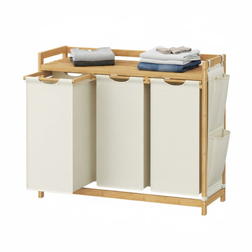 Wasmand met 3 vakken van bamboe 150 liter | Wit | 33,8x93,8x78 cm