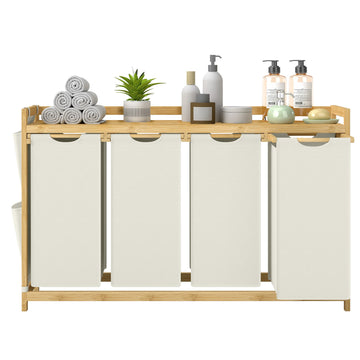 Wasmand met 4 vakken van bamboe, 200 l | Wit | 33x124,6x78 cm