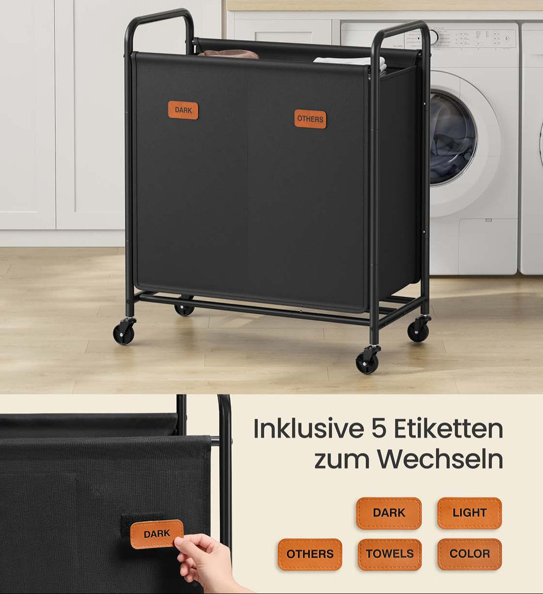 Wasmand met 2 vakken, wielen, 140 l, zwart, 59 x 40 x 91 cm
