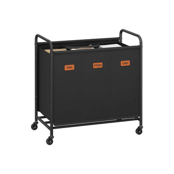 Waskorf 170L met wielen - 3 vakken - zwart - 69x40x91 cm