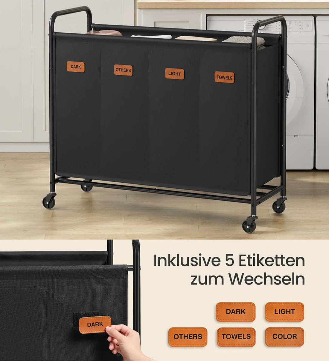 Rullande tvättkorg 200L - tvättsamlare - stålram - 79x40x91 cm