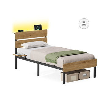 Bedframe voor tweepersoonsbed met verlichting | Natuurlijk bruin | 97x215x100,3 cm