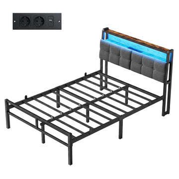 Metalen bed met LED-verlichting, stopcontacten en opbergruimte | Zwart | 120x200 cm