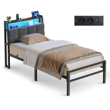 Metalen bed 90x200 cm met opbergruimte en ledverlichting | Mat zwart | 90x200x104,5 cm