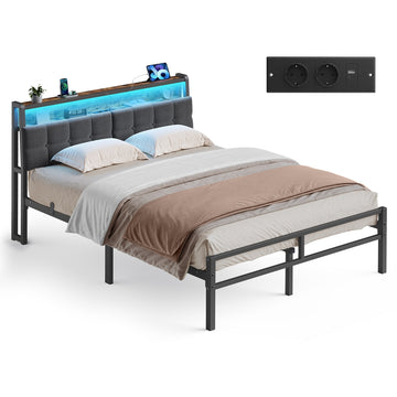 Metalen bed 140x200 cm met opbergruimte en led | Mat zwart | 140,5x218,3x104,5 cm