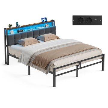 Bed 160x200 cm met hoofdbord, opberging en led | Mat zwart, vintagebruin | 160,5x218,3x104,5 cm