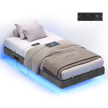 Bedframe 90 x 200 cm met LED-verlichting en stopcontacten | Schiefergrijs | 90x200x26 cm