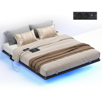 Bettengestel 160 x 200 cm met ledverlichting en stopcontacten | Inktzwart | 160x200x26 cm